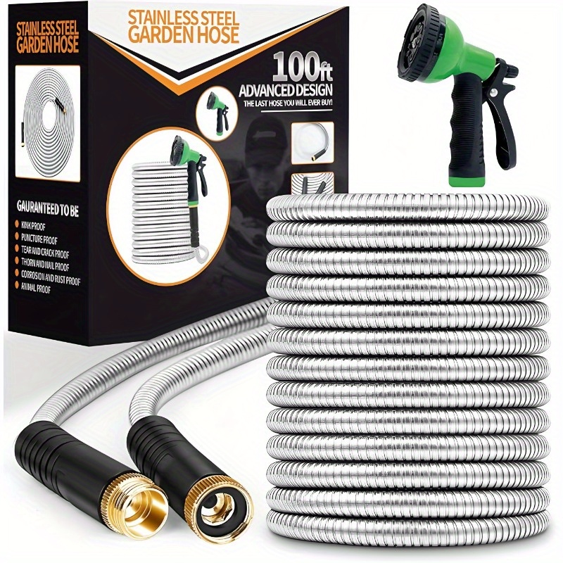 100 heavy duty stainless steel garden water pipe with 10 function nozzle 3 4 connector flexible leak proof design for yard lawn car wash pet cleaning durable outdoor water pipe reinforced construction   gardening