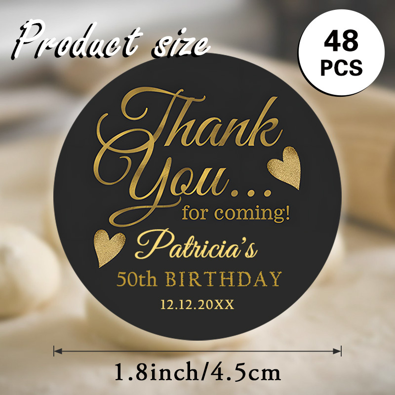 TEMU Personalized Round Stickers For Birthdays In Sets Of 48 Or 96, Featuring Customizable Options For Names, Dates, And Messages Of Thanks. Designed