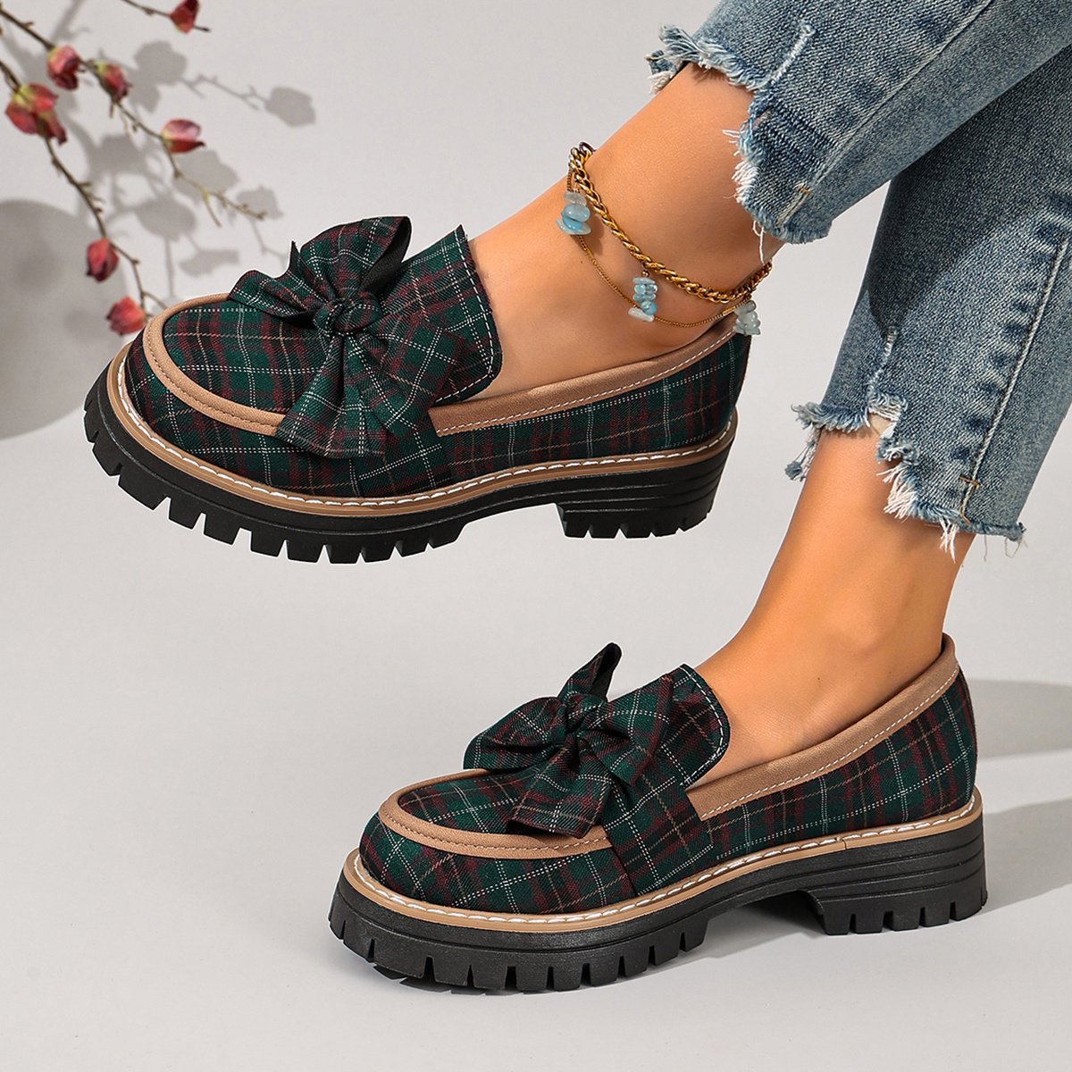 TEMU Women's Shoes, Women's Mules, New Plaid Bow Loafers, High Heels, Spring/autumn Style, Comfortable And Breathable, Suitable For Commuting And