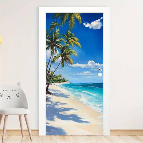 1 stück selbstklebender wandsticker für den strand im , palmendruck und meereslandschaft, selbstklebende wandkunst im moderne stil, für die eingangshalle, wohnzimmer, schlafzimmer, büro, ideales dekor für zuhause und wohnheim