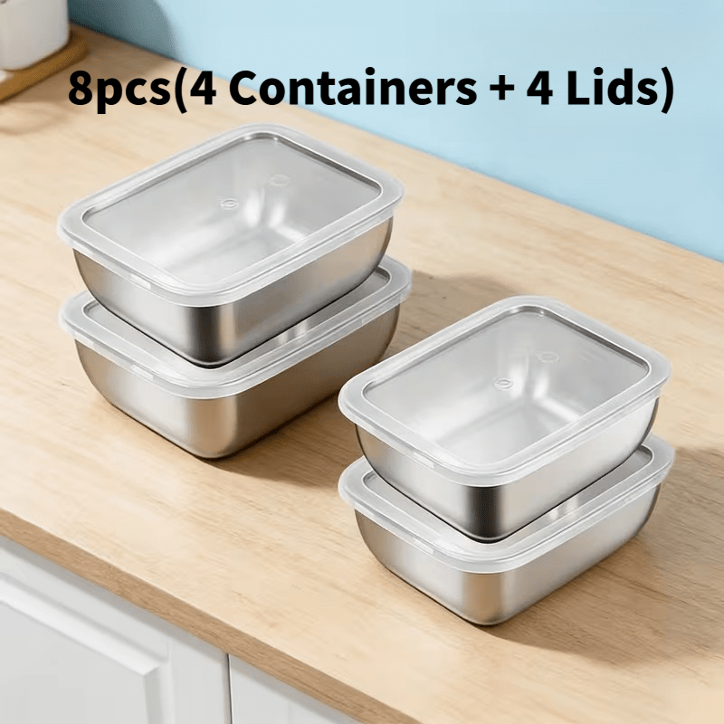 TEMU 8pcs(4 Containers + 4 Lids) Stainless Steel Food Storage Containers, Square Airtight Meal Prep Boxes, Reusable Fridge Organizer For Fruit