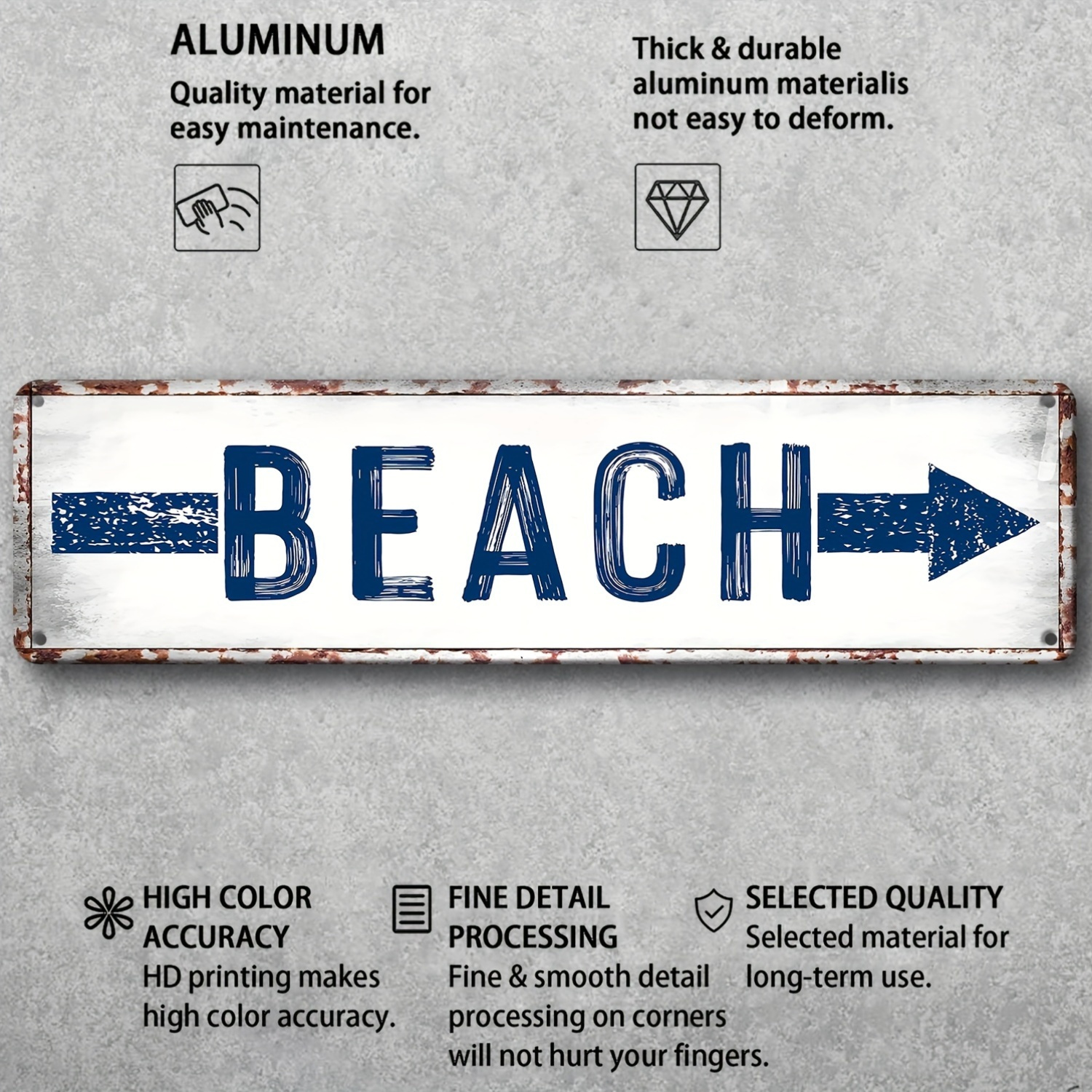 TEMU 2D Plat, 2D Plat - 2D 1pc Panneau Directionnel Vintage Plage - Décoration Murale en Aluminium Rustique, 15,7 X 3,9 Pouces, Indicateur de Flèche,