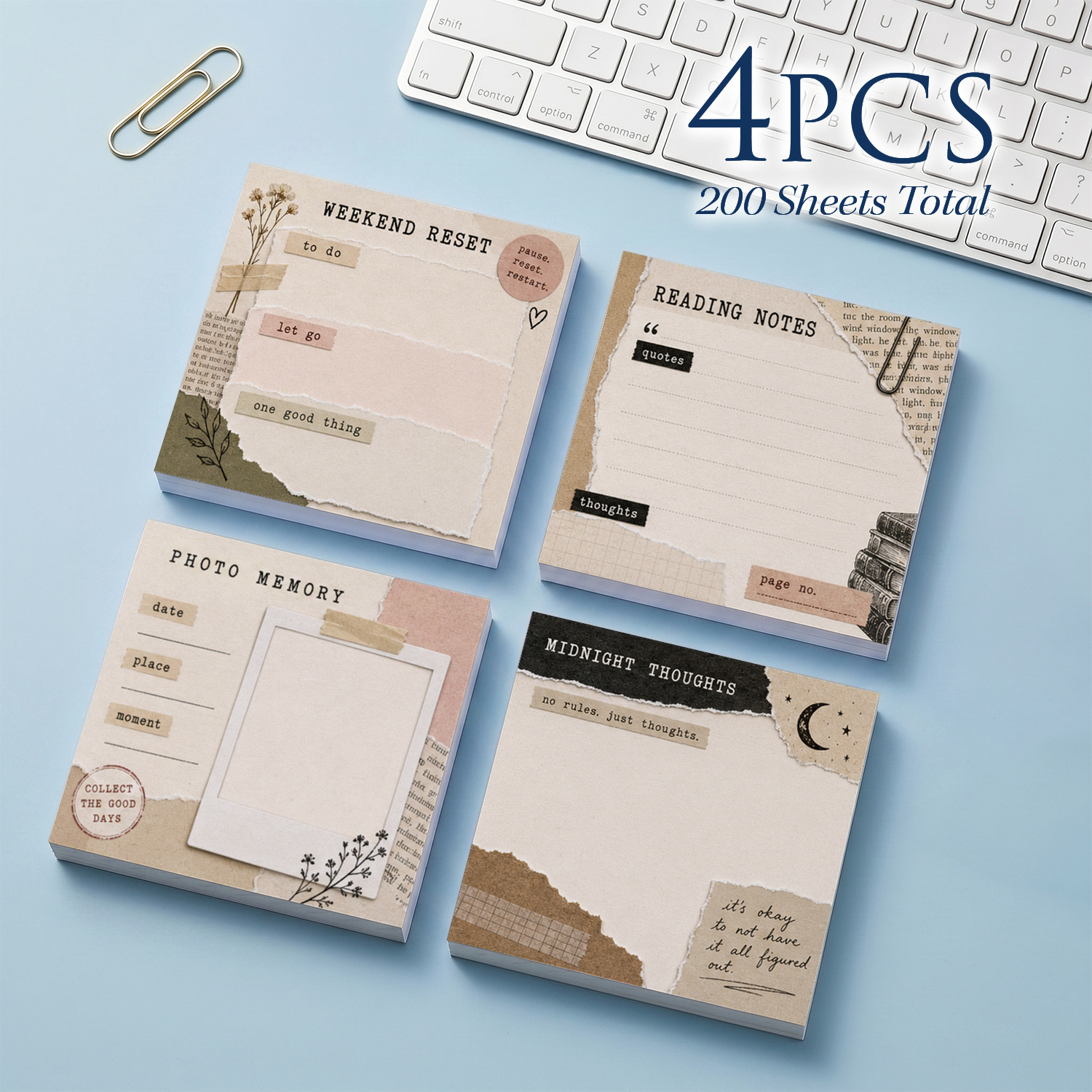 TEMU 4pcs Vintage Collage Sticky Notes Set, Reading Notes Photo Journal Self-adhesive Memo Pads, 200 Sheets Total, Aesthetic Scrapbook Notepads For