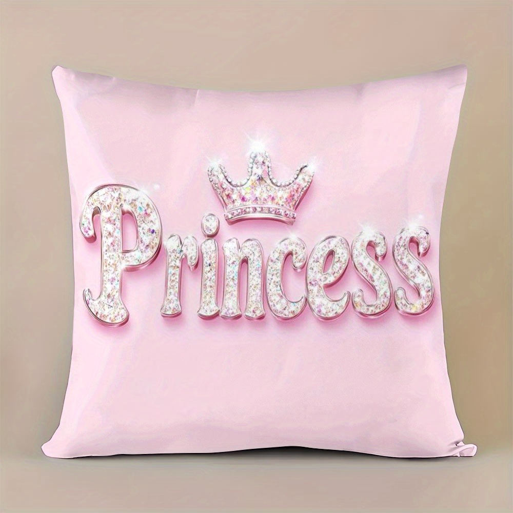 TEMU Taie d'oreiller 1 pièce imprimée à plat 2D avec couronne de scintillants et "Princesse", style décoratif rose onirique, plusieurs tailles
