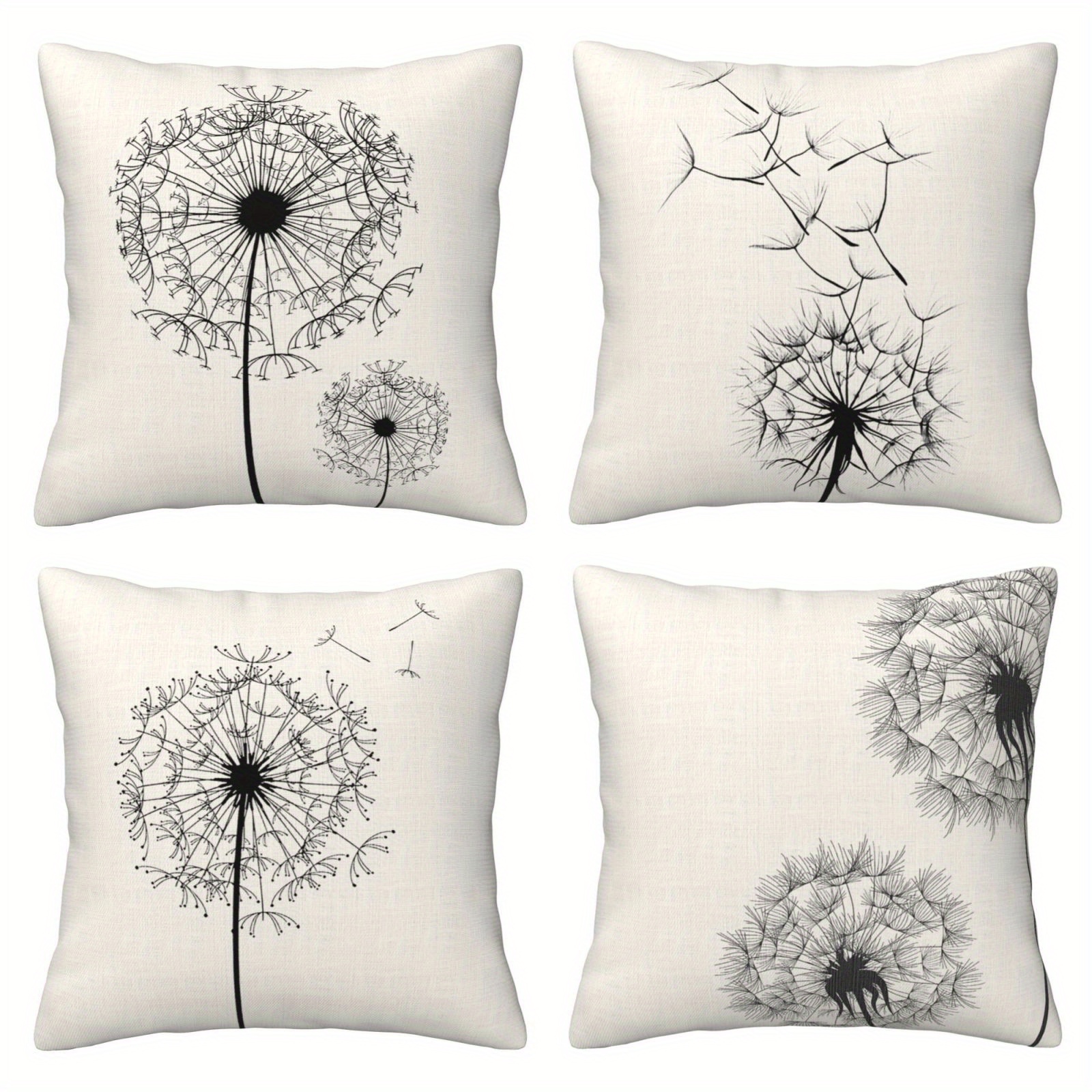 

4-pack Dandelion Throw Pillow Covers, , Machine Washable, Zippered, Decorative Cushion Cases For Sofa, Bed, Farmhouse - Polyester, Woven, For Room Types (no Insert)