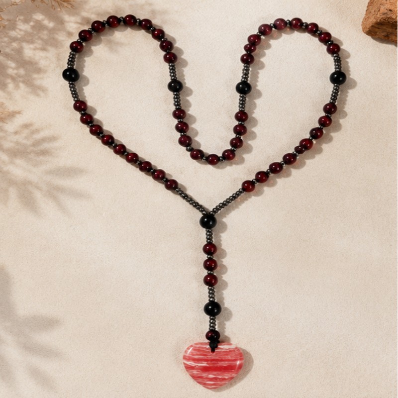 Red Agate Heart Pendant Mala Bead Necklace, Bohemian Style