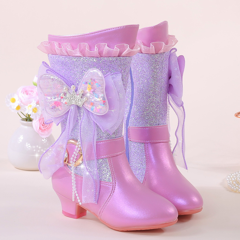 Meisjes Glitterende Roze & Paarse Pailletten Winterlaarzen met Hoge Hak