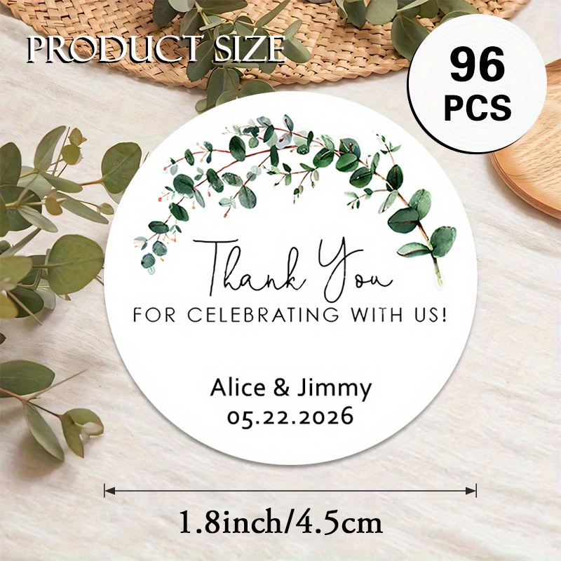TEMU Custom 48/96pcs Wedding Thank - You Round Stickers, Personalizable With Names, Dates, Etc. Watercolor Eucalyptus Design. For Nature - Themed