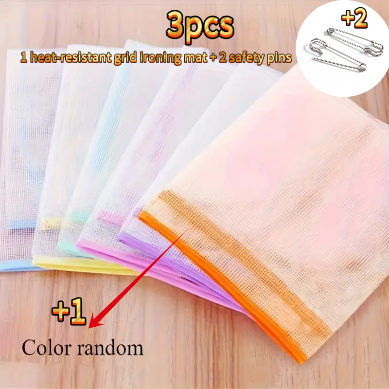 TEMU 3pcs Set: 1 Grid-pattern Heat-resistant Ironing Mat + 2 Pins (random Colors) — Universal Anti-scald Ironing Tool For Home And Office. Made Of
