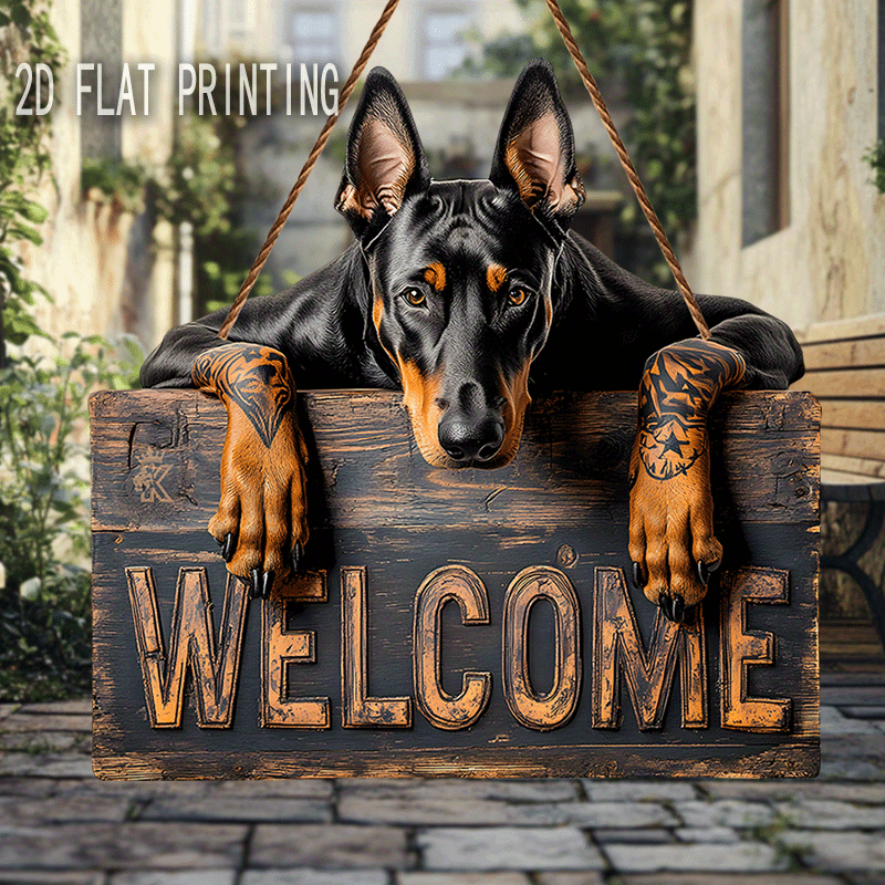 TEMU 2d Flat - Wooden Doberman Welcome Sign Designed For A 2d Plane, With A Wooden Rope, Featuring A Christmas Country Style For Door Decor. This