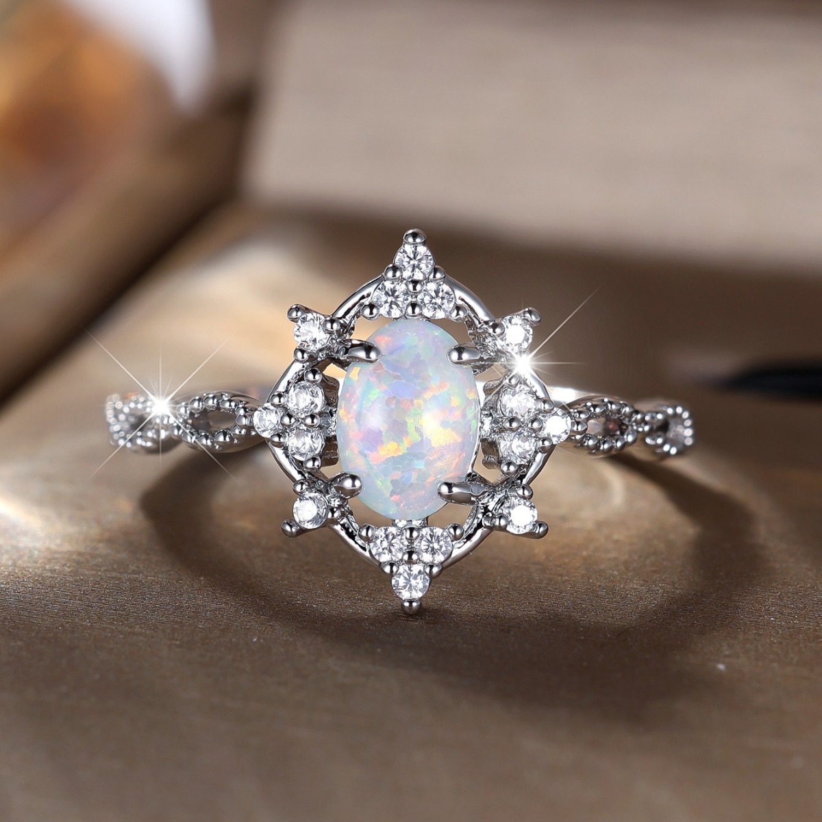 Women's Vintage Botanical Ring with Oval Synthetic Opal