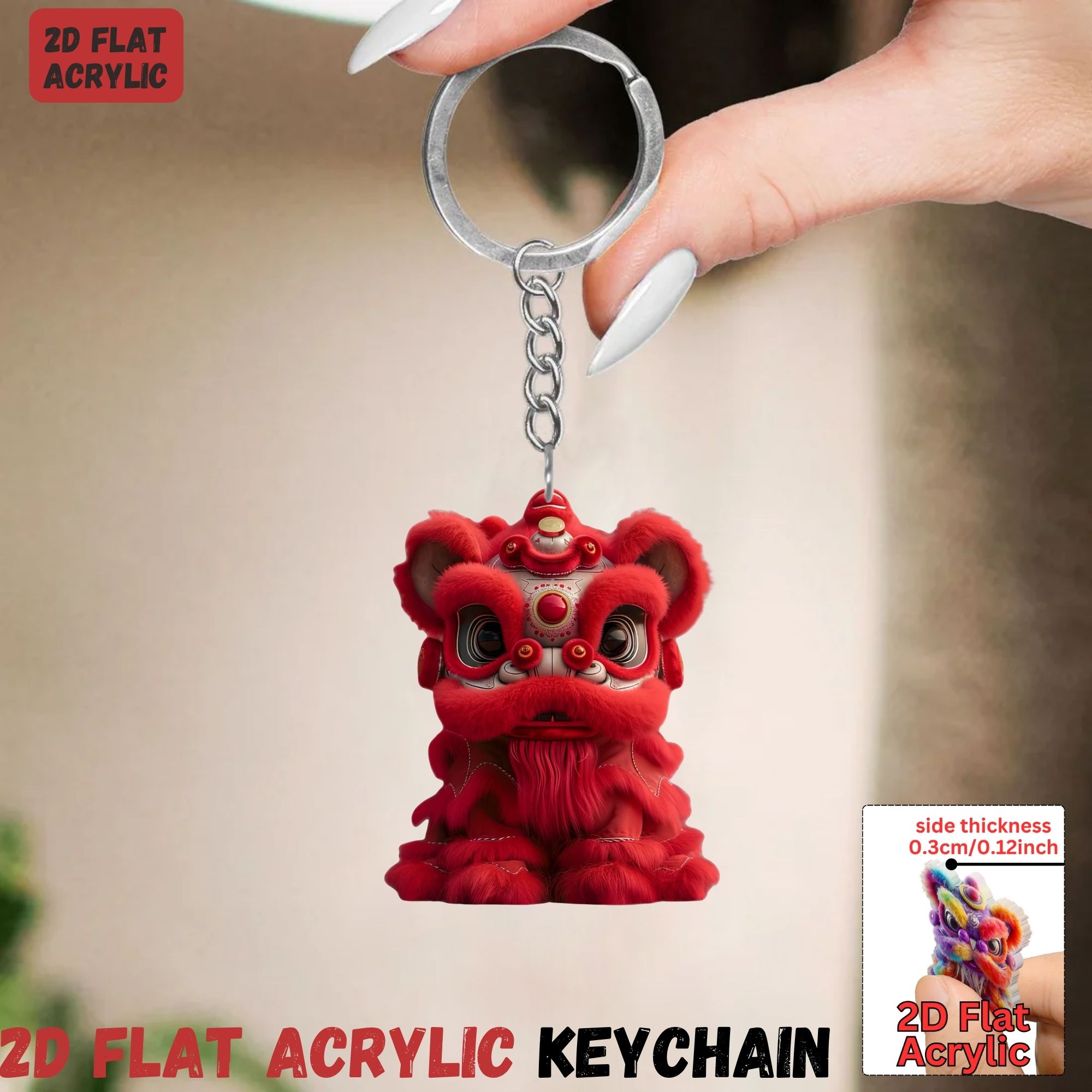 TEMU 2d Flat, 1pc, Chinese Lion Dance Theme Acrylic Keychain - With Iron Key Ring & Chain, Options For Backpack, Car Keys, Holiday Party Decor -