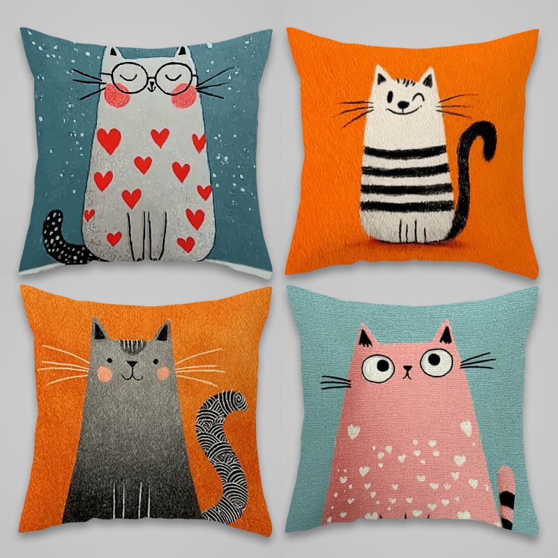 4pcs Of Cute Warm Contrasting Color Pillow Covers, Cartoon Cute Cat Decorative Cushion Covers, Zipper Closure - Machine Washable - Suitable For Living Room And Bedroom Decoration, Modern Simple And D