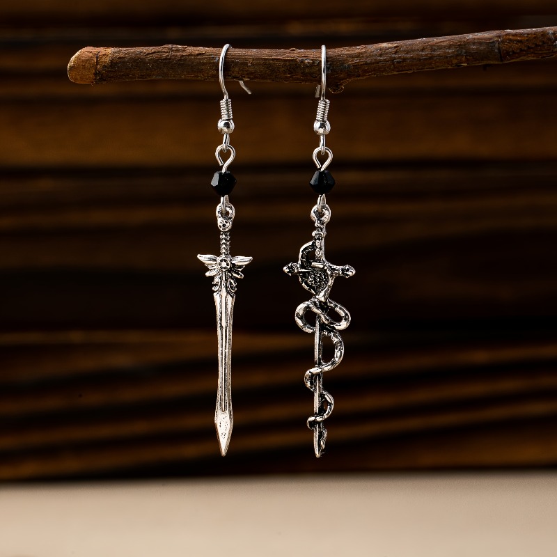 4pcs Gothic Style Serpent-Wrapped Long Sword Earrings Set