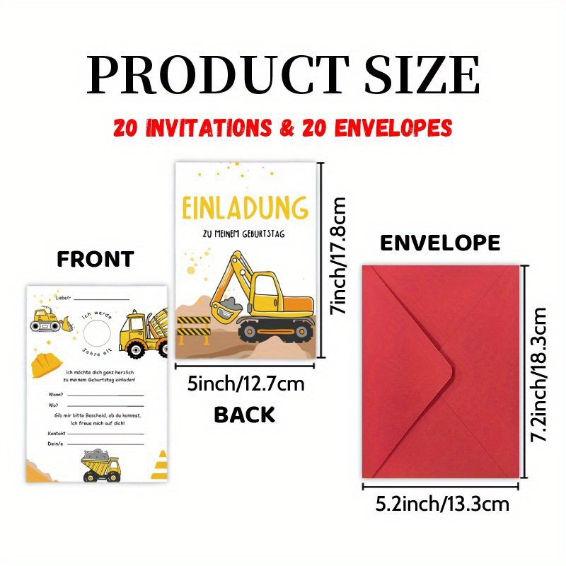 Image of 20 Cards And 20 Envelopes, German Digger Crane Construction Party Invitations Letter - Milestone Birthday Party Cards, Congrats Invites Perfect For Friend Reunion Graduate Celebrations & Decoration