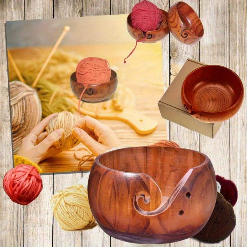 Image of A Handcrafted Wooden Yarn Bowl With An Inner Diameter Of 15 Cm, Featuring Holes For , Perfect For Knitting Wool And Crochet Projects