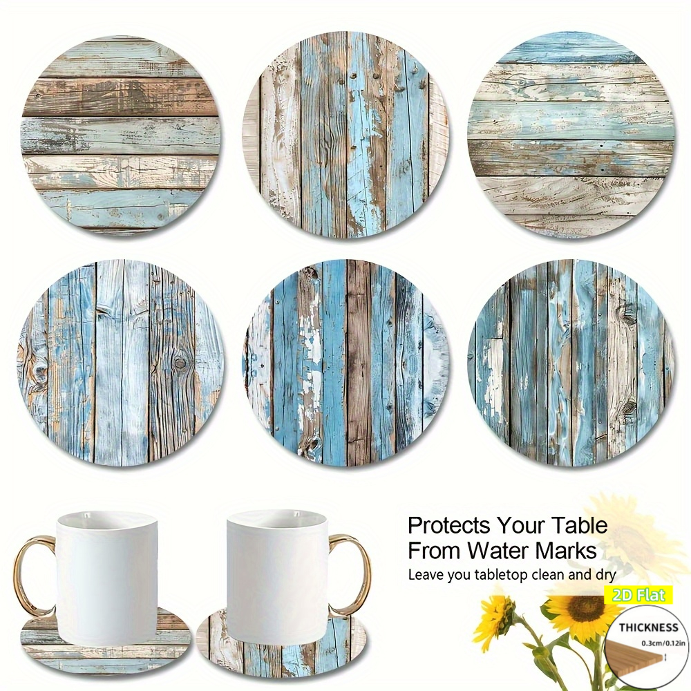 TEMU 6pcs Retro Coastal -style Coasters - Non-slip Wooden, Flat Printing , High Quality - Rustic Tabletop Decor - Ideal Housewarming, Wedding And