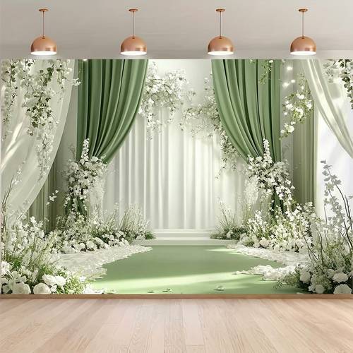 2d flat 1 pack photography backdrop green curtains with floral pathway and white flowers nature for decor parties weddings outdoor events durable multi use background