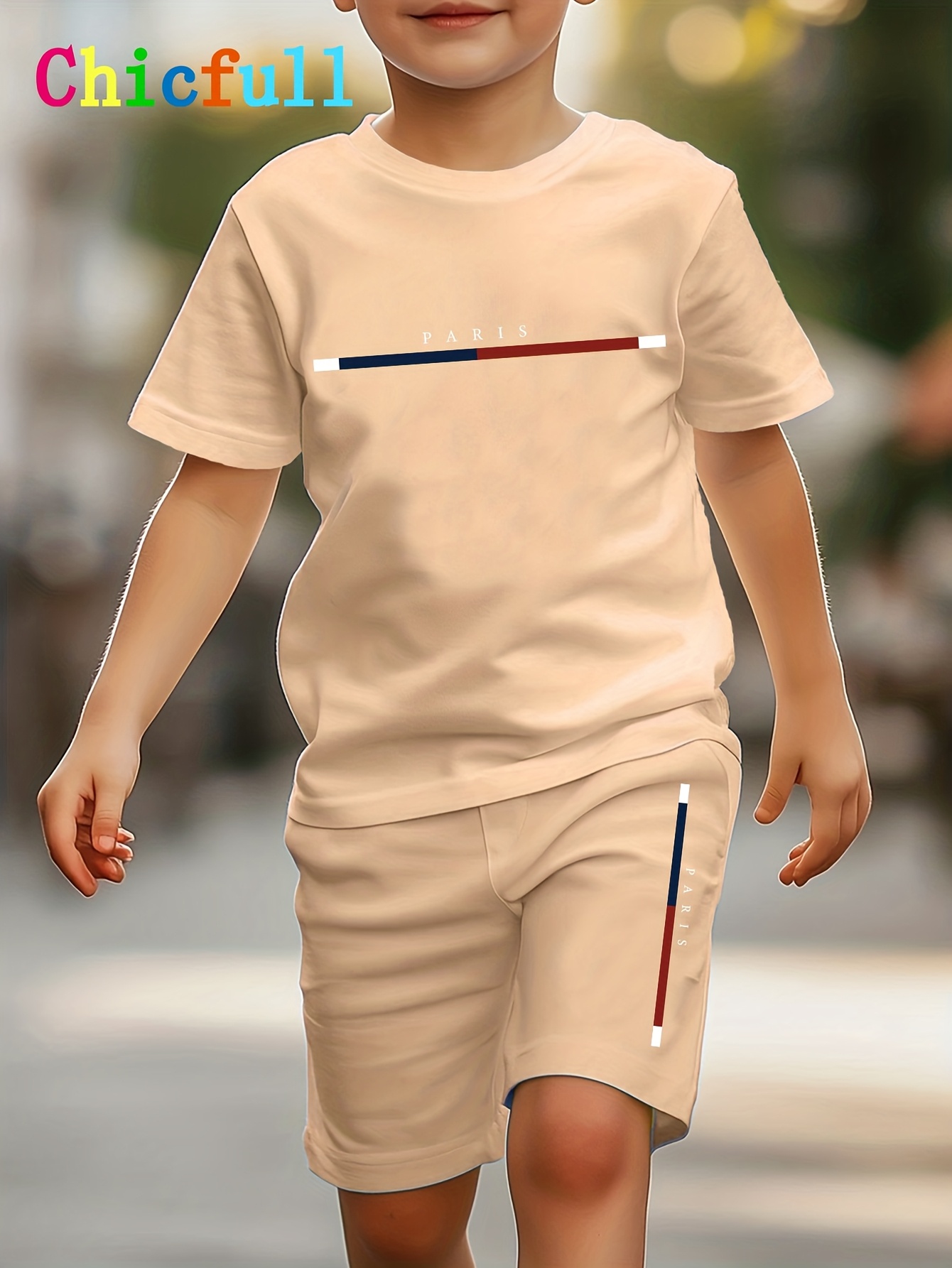 boys paris letter print fashion casual easy comfortable versatile t shirt shorts set   outdoor