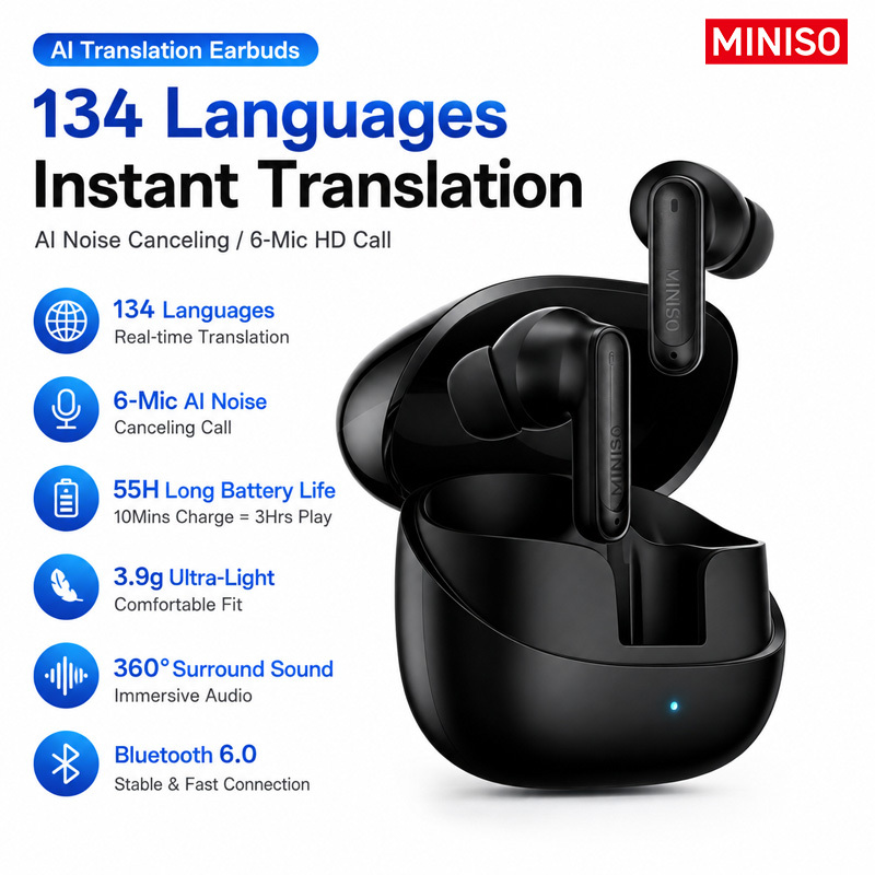 Smart Wireless Translation Earbuds, 134 Languages Instant Translator Headphones, Bluetooth 6.0 Stable Connection, 6 Microphone Noise Cancellation, 55 Hours Long , 10 Minute Fast Charging For 3 Hours
