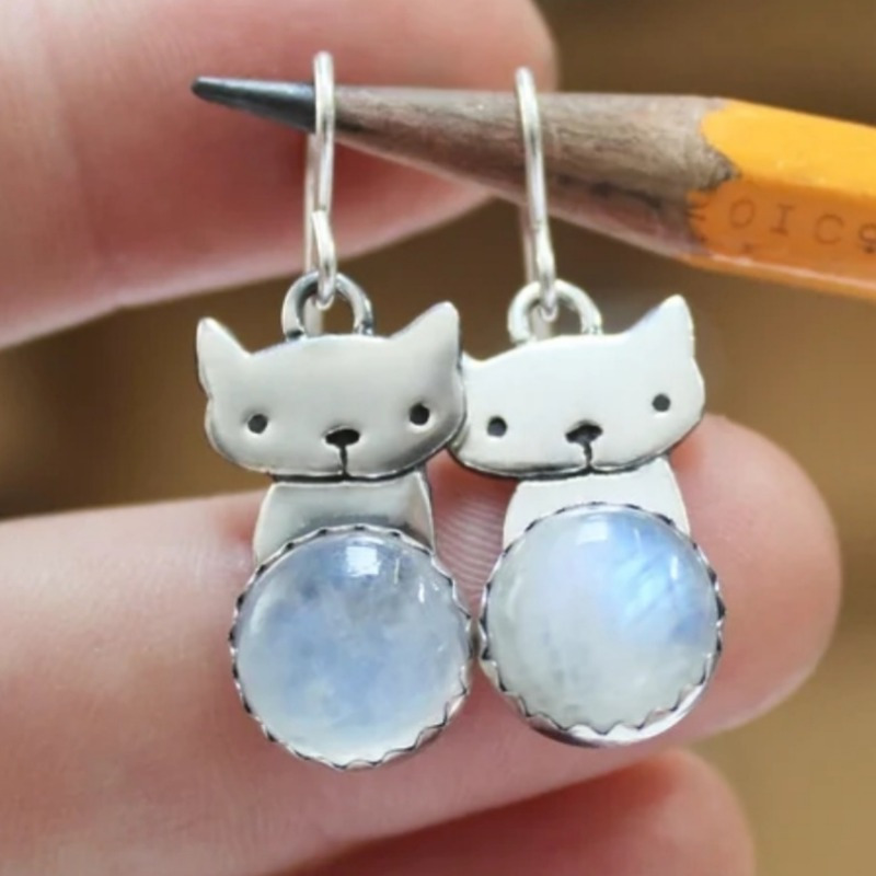 Cat on the Moon Dangle Earrings with Rainbow Moonstone