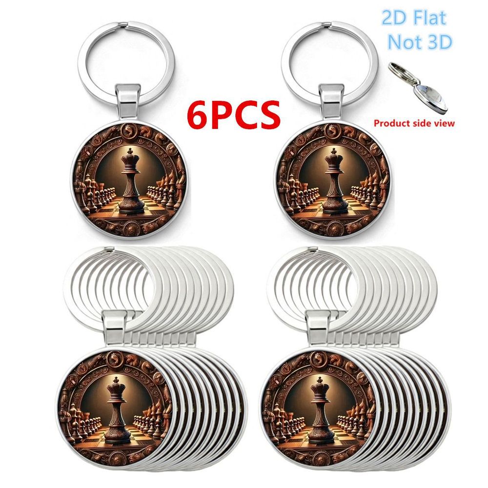 TEMU 2d Flat, 6pcs Colorful Round Keychains - 2d Flat, Not 3d Chess King Chess Piece Chessboard Pattern Metal Keychain Pendant, Bag And Car Keychain