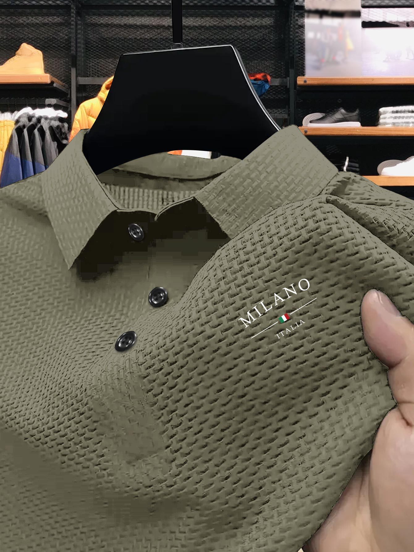 Men's Milan Print Short Sleeve Golf Shirt - Breathable, Stretch Fabric, Button- Collar, Lightweight Business Casual Style for Summer, Tennis & Golf Training