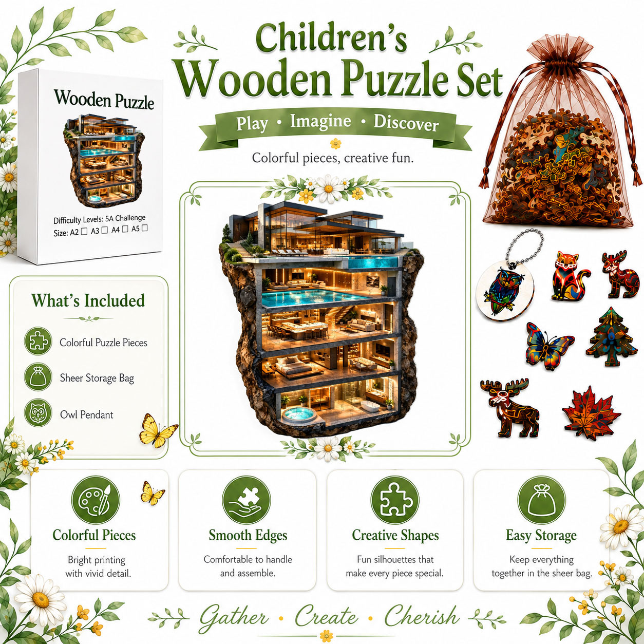 2D Wooden Puzzle Toy with Irregular Animal Shapes