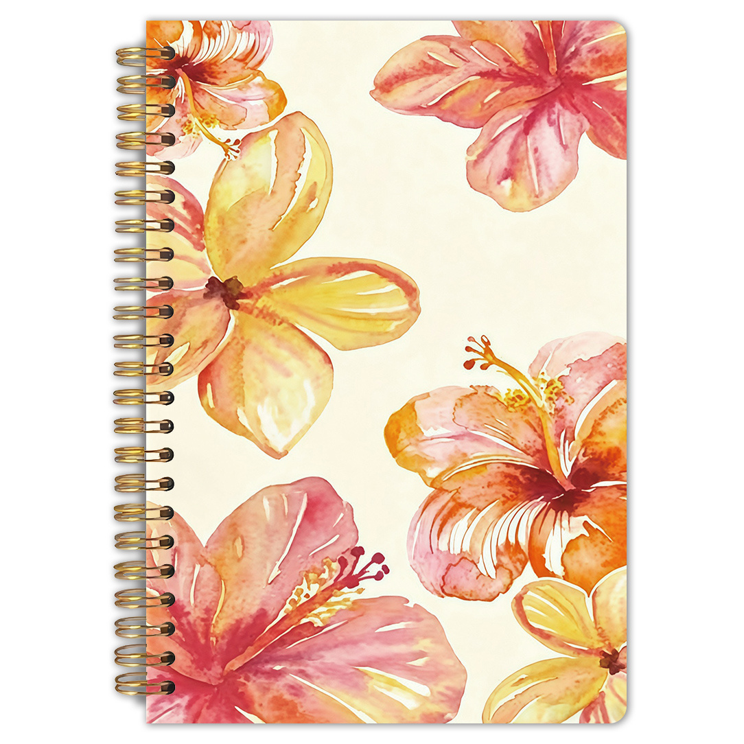 TEMU 1pc Watercolor Pink-yellow Hibiscus Floral On Cream Background Spiral Notebook, 5.5x8.3 Inches, High Quality Inner Pages, Tropical Flower Art