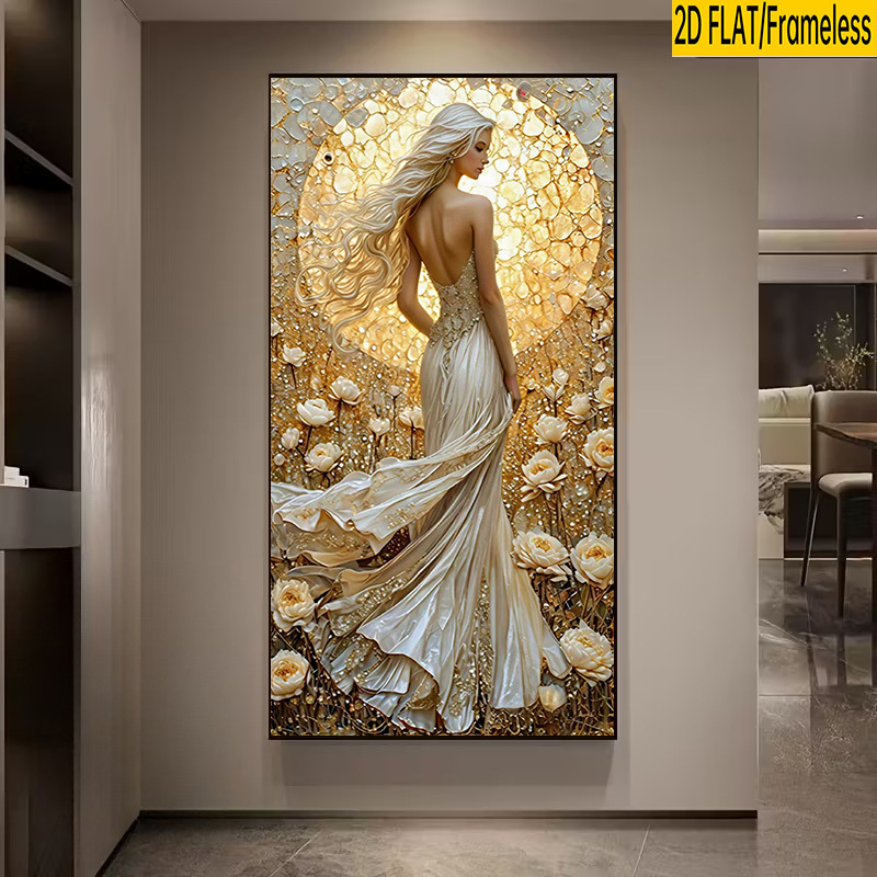 TEMU 2d Flat, 1pc Modern Frameless Canvas Poster - Luxe Mosaic Gown & Golden Floral Wall Art, Horizontal Ink Suitable For,, Bathroom Decor,