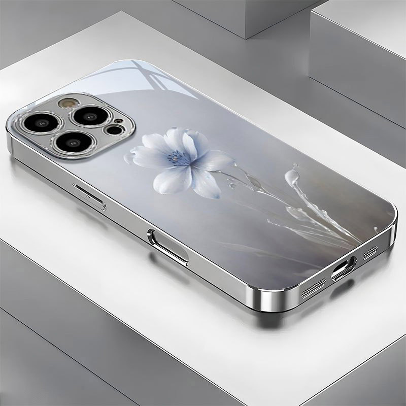 TEMU Phone Case - Artistic Blue Flower New Electroplated Silver Phone Case For Iphone 16promax, 16plus, 16pro1615promax, 15plus, 15pro1514promax,