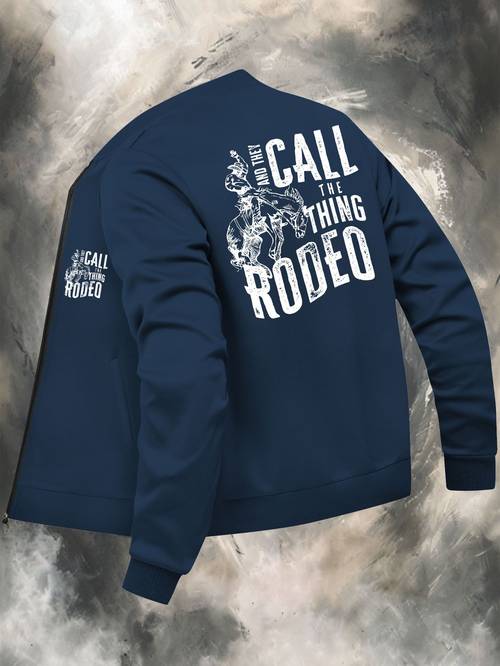 item picture mens rodeo graphic print zip up jacket vibrant red baseball collar casual coat with western cowboy design washable outerwear clothing