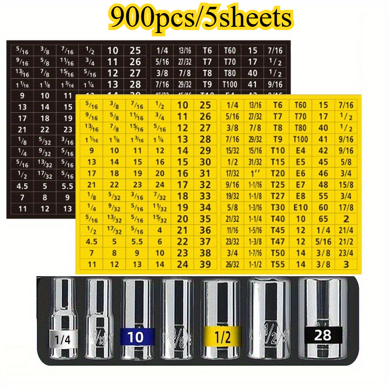 

900pcs Mechanical Drive Socket Label Stickers - Identification Reminder Tips, Pvc Material, 5 Sheets Included For Organized Tool Storage, Socket Labeling | Clear Text Stickers | Pvc Stickers