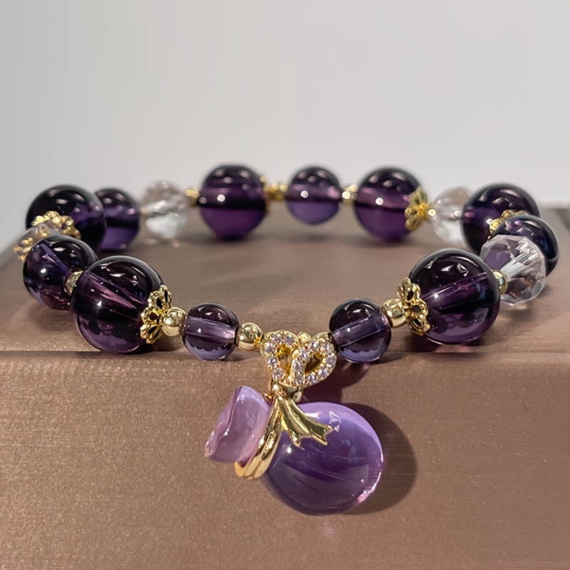 TEMU Natural Amethyst Bead Bracelet With Charm Pendant - Bohemian For Women, Gold Plated Boho Beads, Natural Stone Gift For Valentine’s Day, Casual