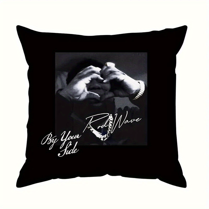 

Decorative Pillow Cover - Black Knitted Polyester With Heart Gesture Print, Zip Closure, Machine Washable For Sofa And Living Room Decor, Throw Pillows For Couch