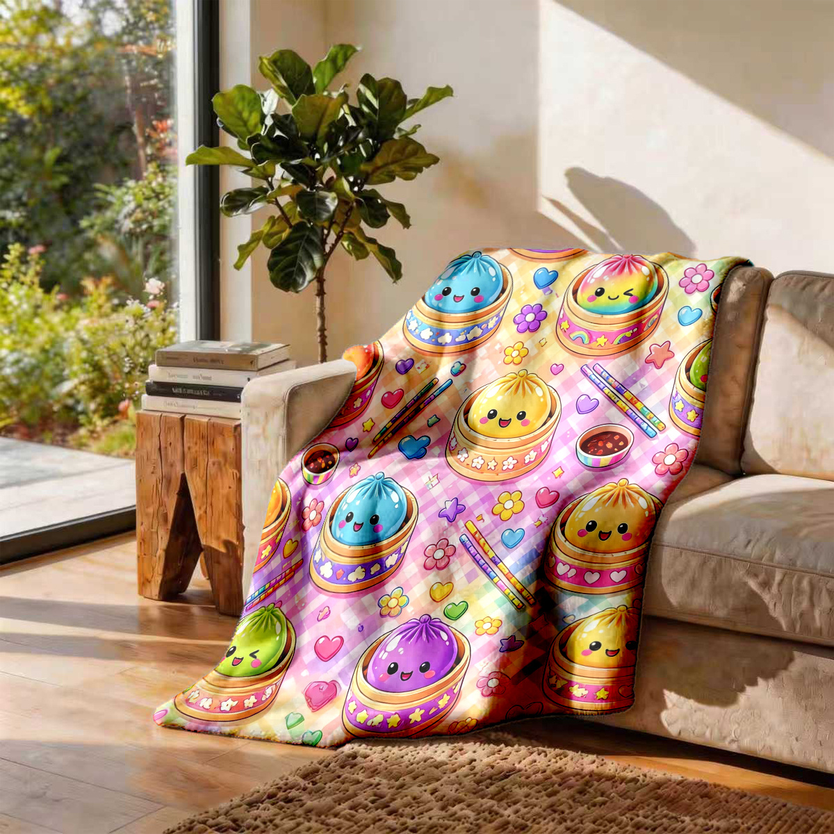 Macaron Checkered Cartoon Flannel Blanket