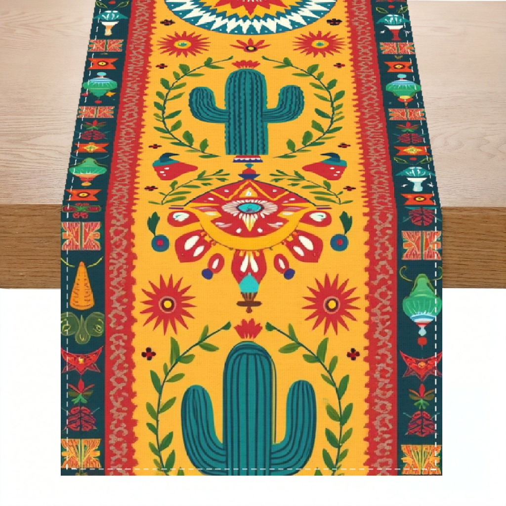 1pc Festive Polyester Table Runner, Rectangular Woven Cactus And , Perfect For Mexican Party Kitchen And Coffee Table Decor, Essential For Family Gatherings And Dinner Parties