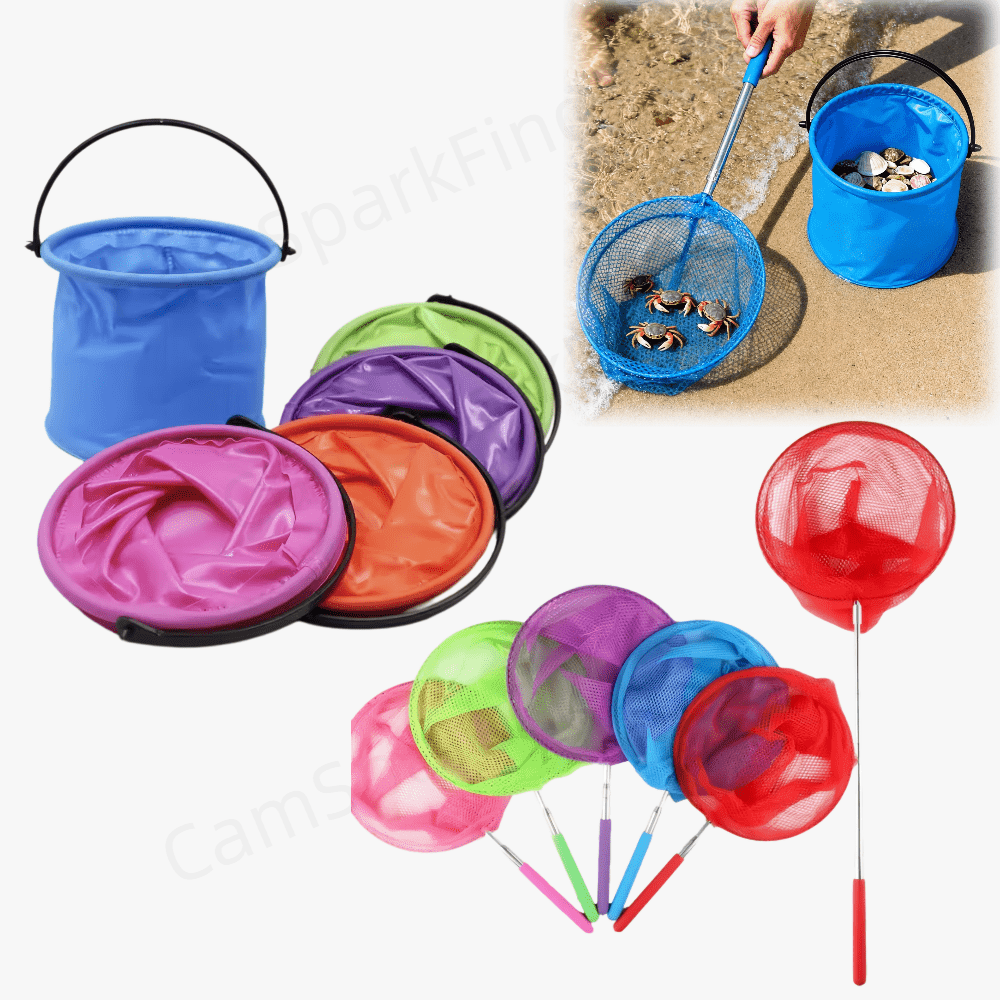 2er-set sommer outdoor-ausflugs-angelnetz mit faltbarem, tragbarem eimer und ausziehbarem angelnetz, zufällige farben, leicht und einfach zu verstauen,   für strandexpeditionen, outdoor-beobachtungen, camping, reisen, gartenaktivitäten