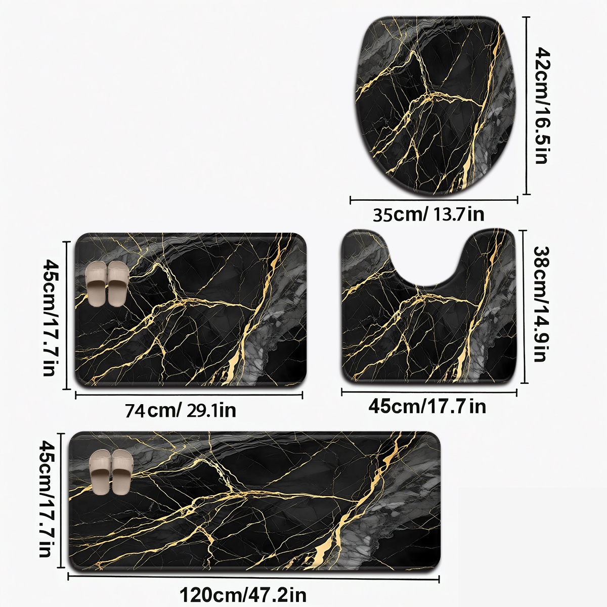 [open ] 3pcs/4pcs Marble Series Black Gray Marble Pattern Bathroom Mat Set Toilet Lid Cover U-shaped Foot Mat