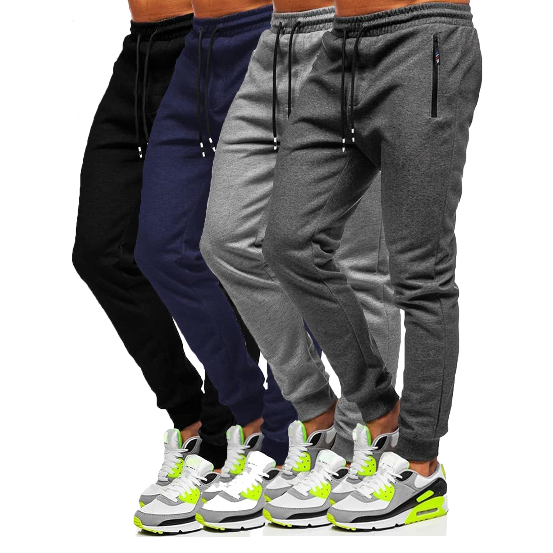 

4pcs Men's Slim Fit Jogging Sweatpants With Zippered Pockets, Drawstring, Polyester And Spandex , Solid Apparel For Gym Workout Running