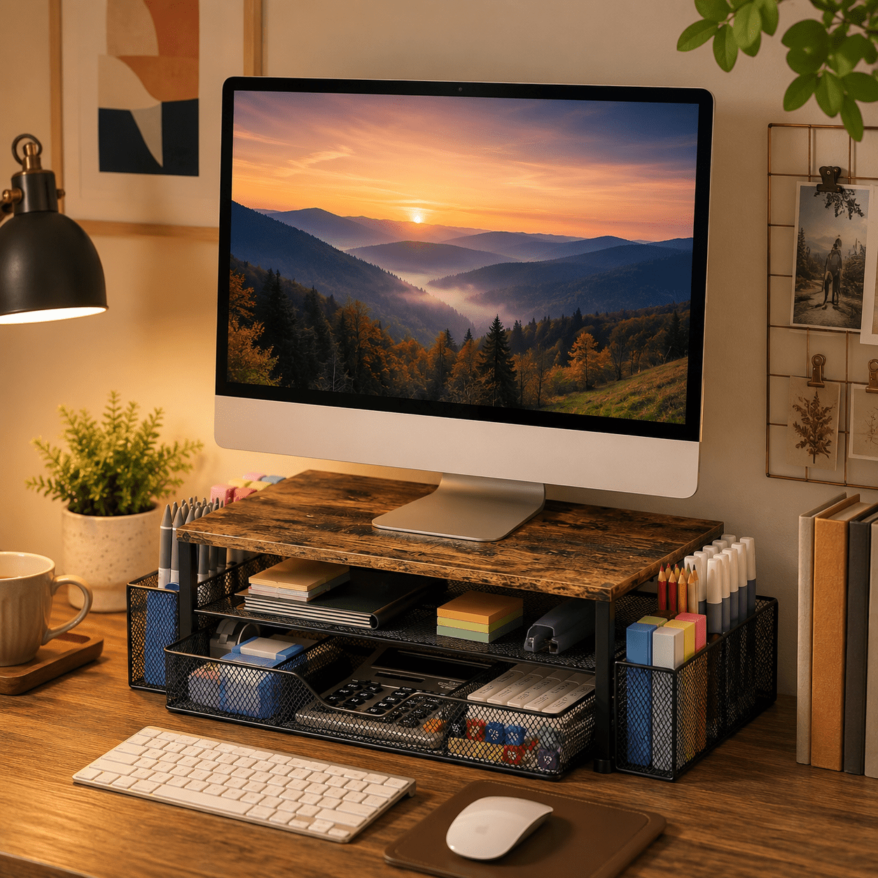 Image of Monitor Stand With Drawer, Desk Organiser And Accessories, 2-tier Computer Monitor Stand Riser With Drawer And 2 Pen Holder, Laptop Stand, Office Desk Accessories For Desk Tidy