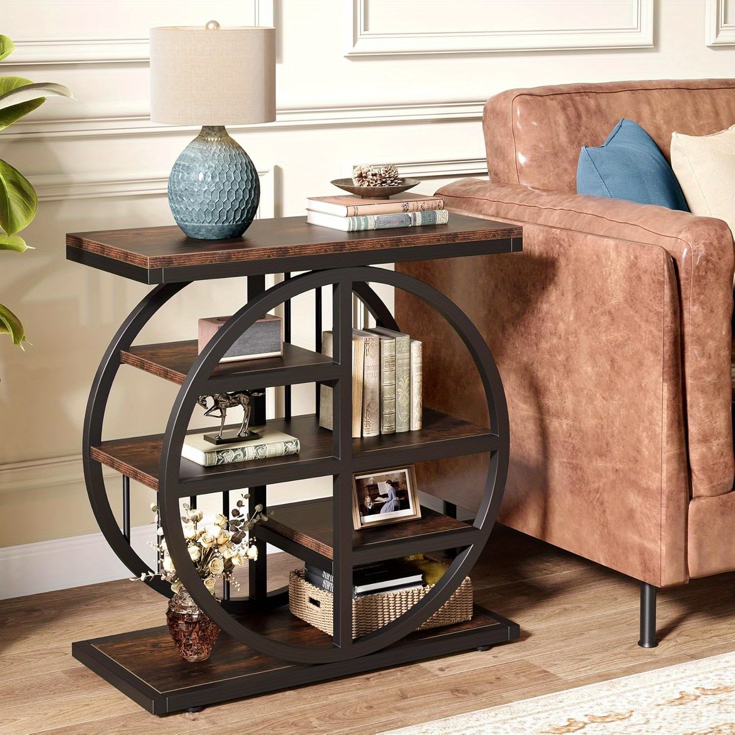 TEMU Industrial 5-tier End Table With Metal Frames, Tall Narrow Side Table And Nightstand For Living Room And Bedroom, Space-saving Storage Solution