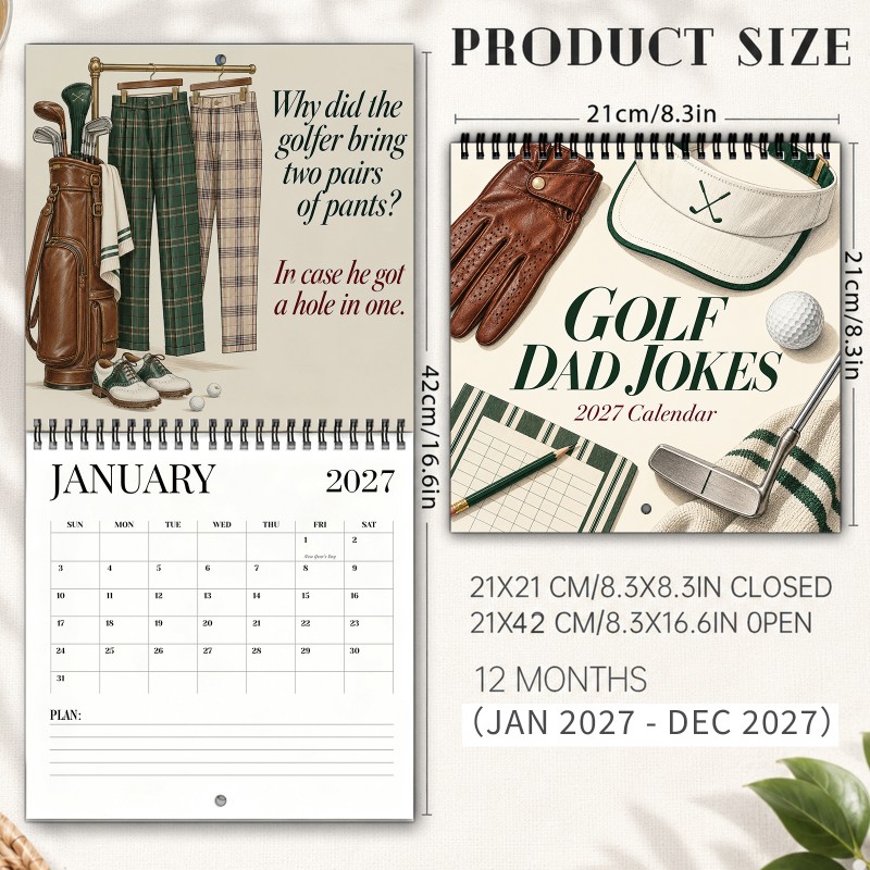 TEMU Calendrier mural 2027 "Golf pour les blagues de papa" Clubs de golf Balles Gants en cuir Visière et Pantalons à carreaux verts Planificateur 12