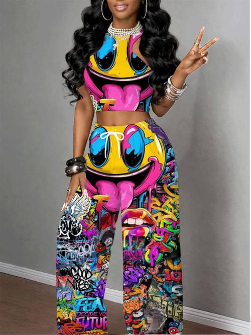 Ladies Size Smiling Neck Tank Top Wide Leg Pants Set, Art and Street Style? High Waist Loose Fit Hot Casual 2pcs Set? Comfortable Fabric? Great for Holiday Wear? High Waist Loose Belt Pocket? Great for