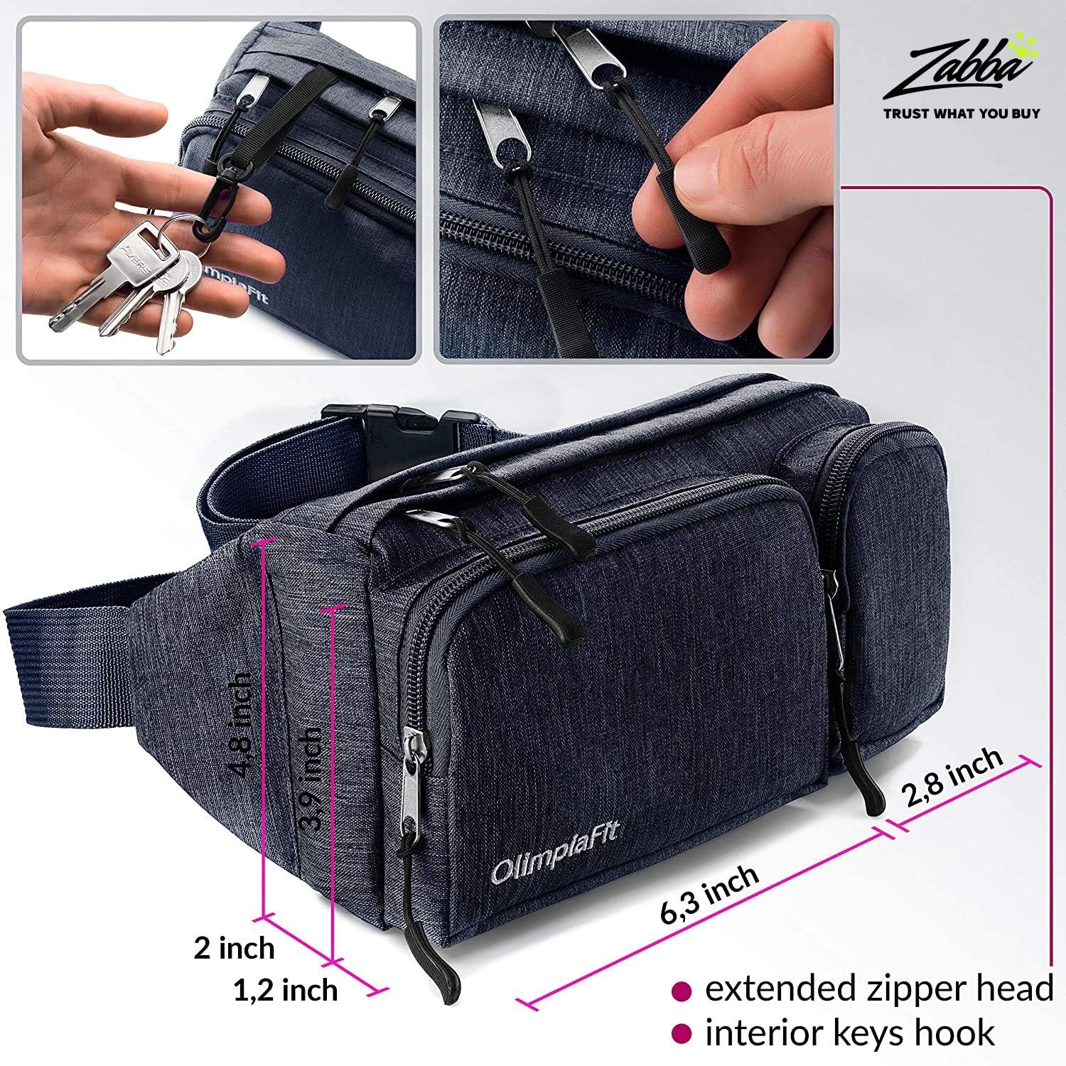 Belt Bag For Women And Men Cute Waist Bag For Hiking Travel Running - Headphone Hole, 6 Pockets, Adjustable Strap Extension, Fits Phone Passport Wallet, Blue