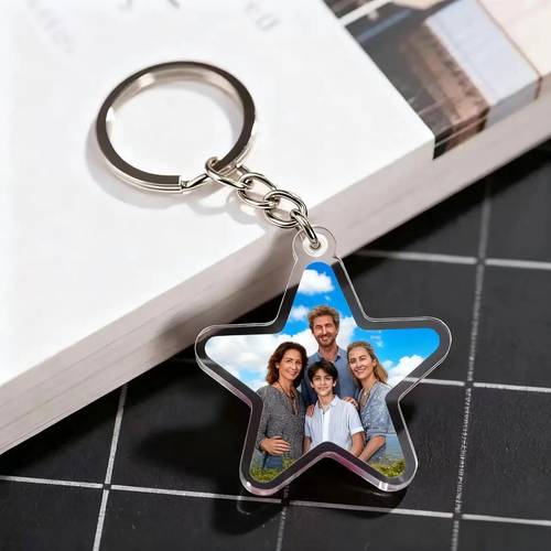 2d flat customized personalized photo keychains bulk order family and couple photo key rings star shaped acrylic id tags with photo insert durable group order gifts suitable for weddings birthdays