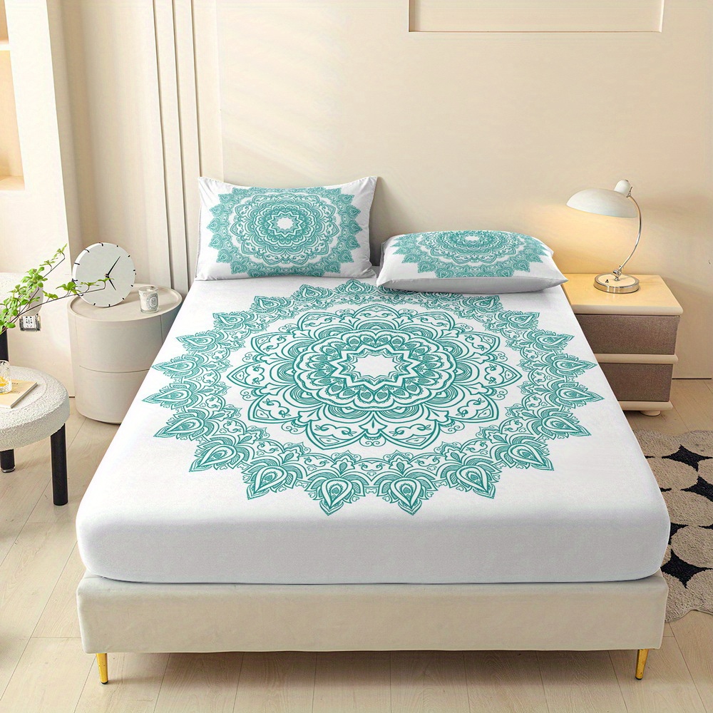 TEMU 3pcs Mandala Print Fitted Sheet Set, Queen Mattress Protector, Double Bed Mattress Protector, King Bedding Kit, Polyester Machine Washable,