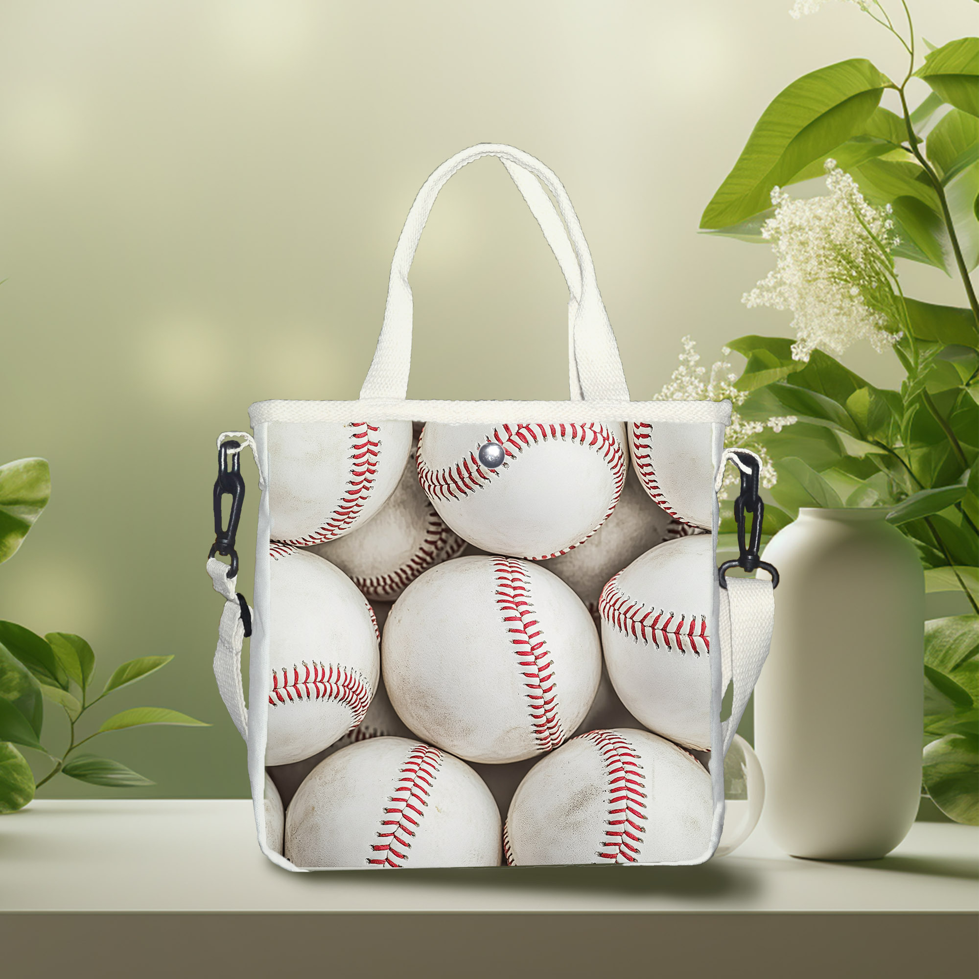 

Baseball Printed Canvas Hand-held Shoulder Bag, Fashionable And Casual Metal Single Shoulder Crossbody Bag, Detachable Shoulder Strap And Foldable Handbag, Easy To Carry When