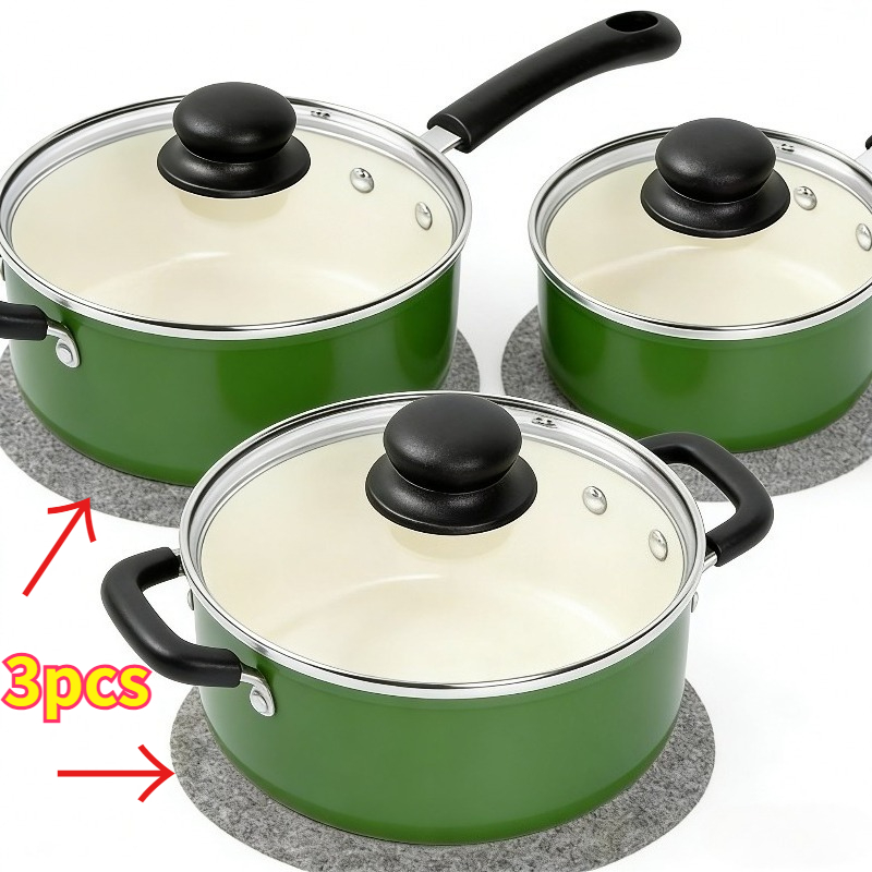 Juego de 3 piezas de ollas para salsa antiadherentes con divisor de plato de fieltro | Adecuado para revestimiento de cerámica con tapa, juego de sartén pequeña con mango aislante, olla de inducción, cuenco grueso de fieltro y almohadilla divisora absorbente para platos