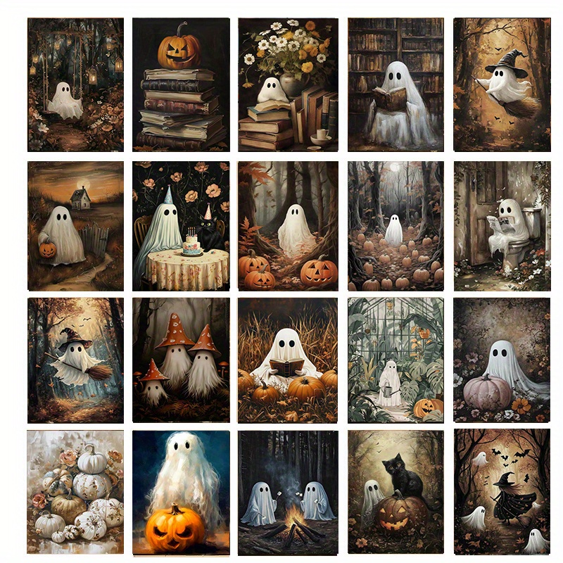 Image of 20pcs Modern Creative Halloween Night Of And Black Cats Skeleton Art Postcards, Halloween Decoration Living Room, Bedroom, Office Wall Decoration, Holiday Birthday Gifts